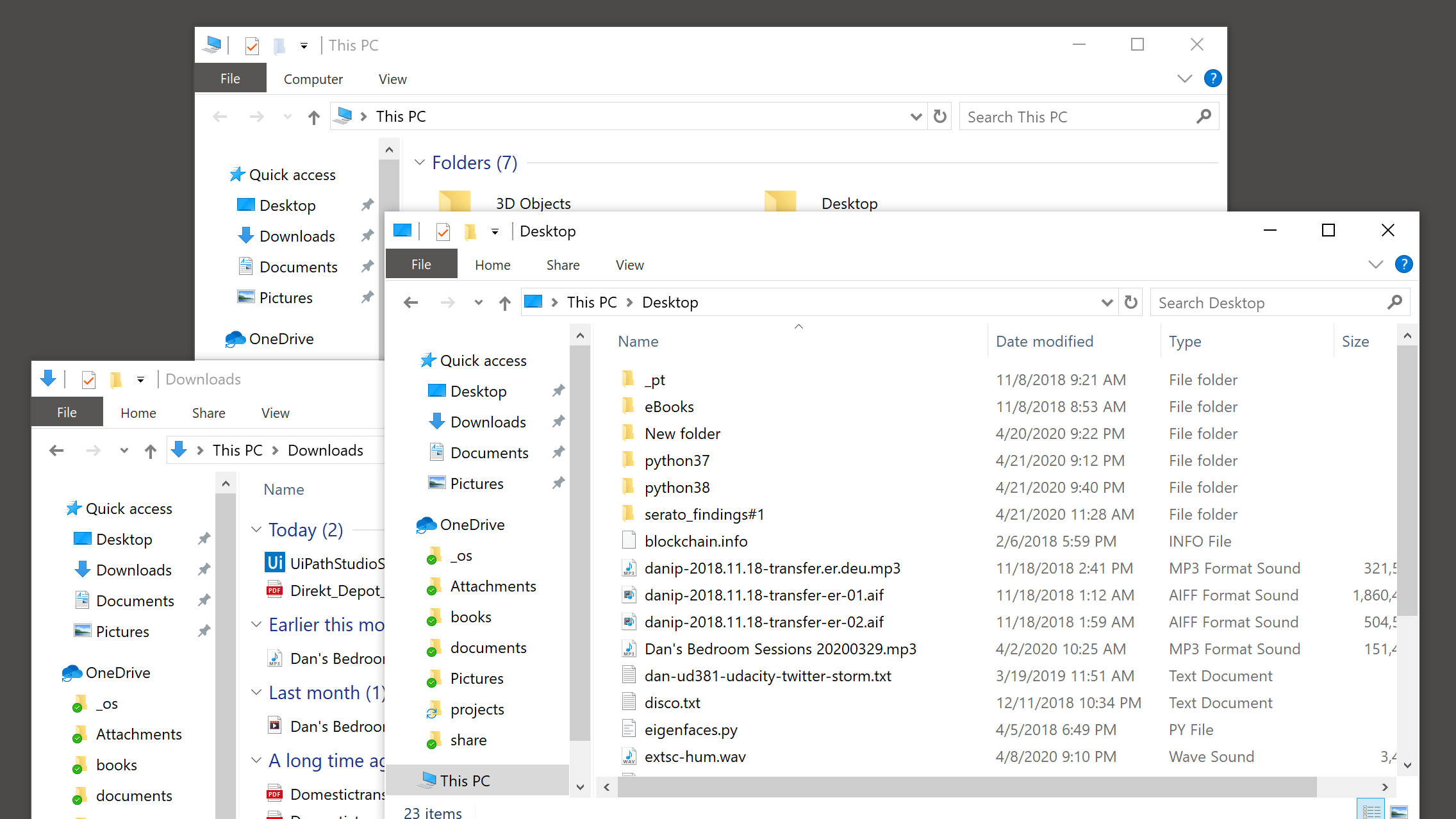 Windows Explorer: drei gleichzeitig geöffnete Fenster